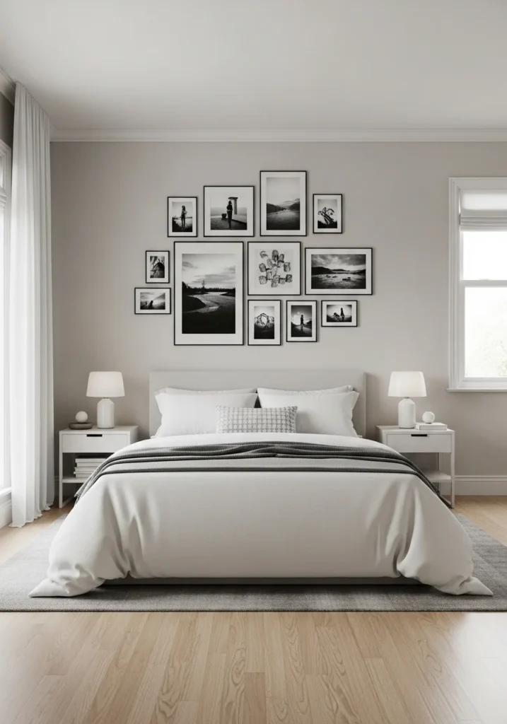 Minimalist college bedroom with black and white photo wall design.