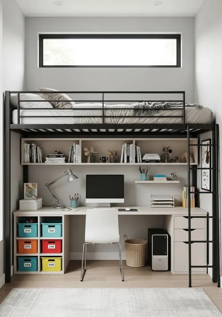 Loft bed over a workspace, combining sleeping and productivity zones in one compact area.