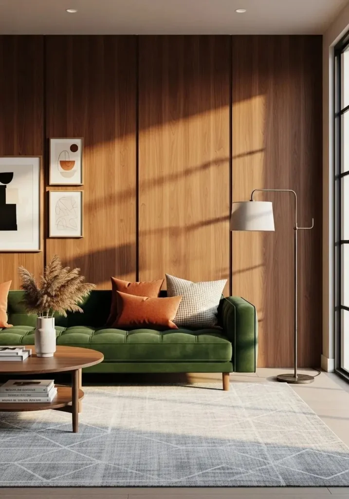 Wood-paneled wall in 70s-inspired living room.