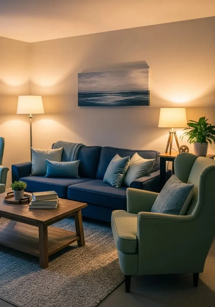 Sage accent chairs softening a navy living room design.