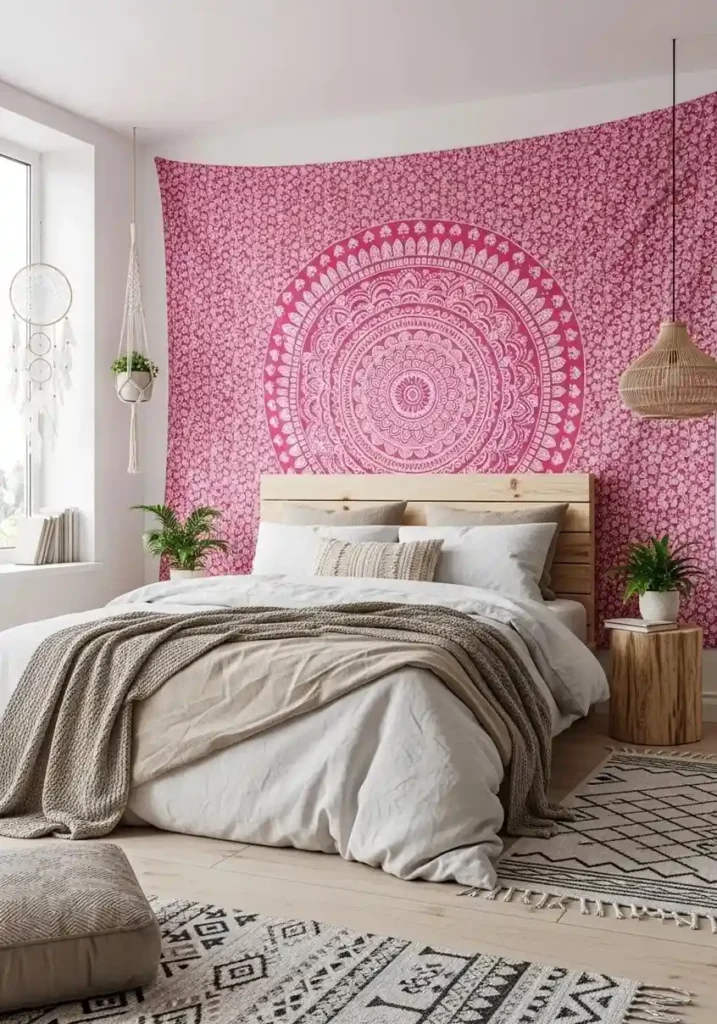 Pink tapestry statement wall in boho bedroom
