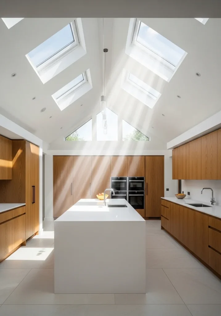 vaulted ceiling kitchen with skylights