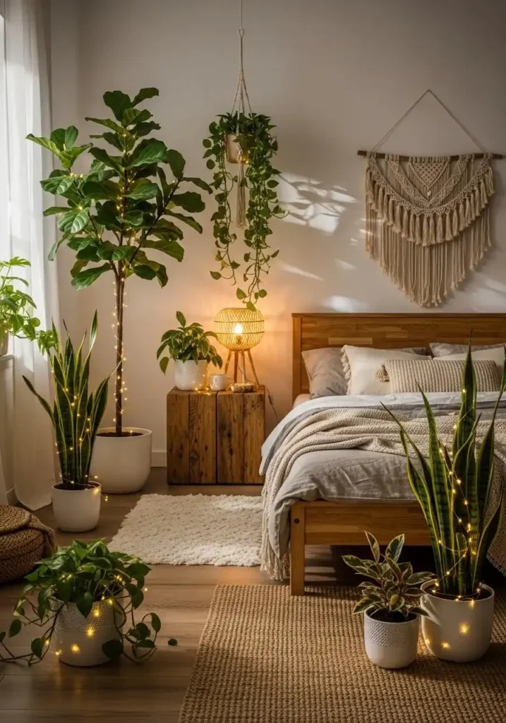 Plants decorated with fairy lights adding warmth to bedroom