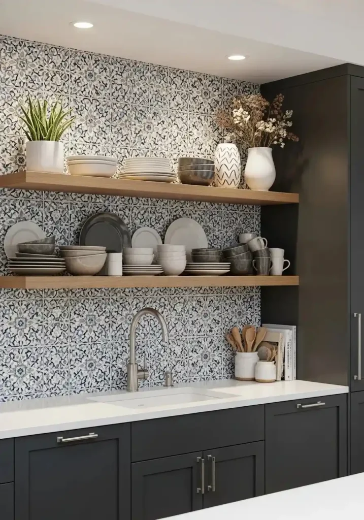 floating shelves kitchen with decorative backsplash