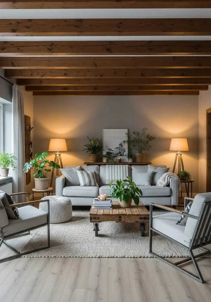 Brown wooden ceiling beams add rustic warmth and character to a gray living room.