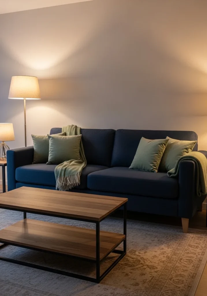 Navy sofa with sage accents creating a cozy and stylish living room.