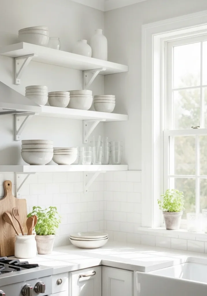 white floating shelves kitchen bright modern design