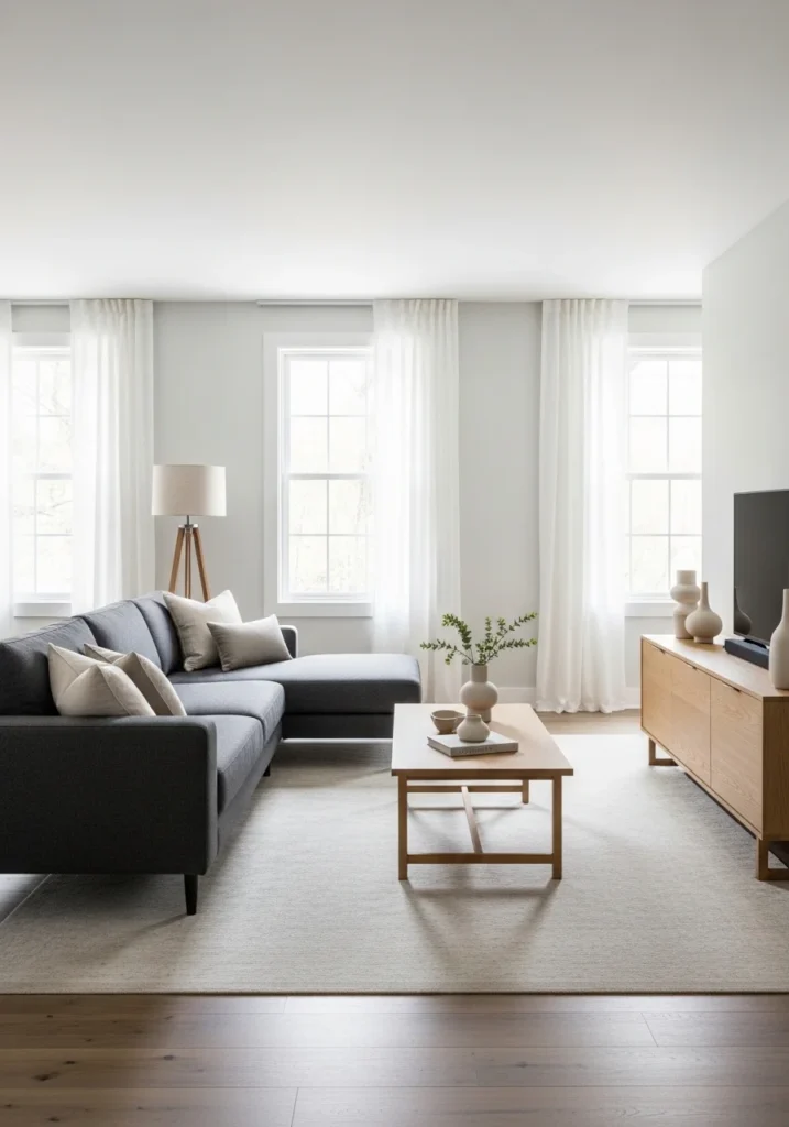 Open layout living room with charcoal couch creating a spacious feel.