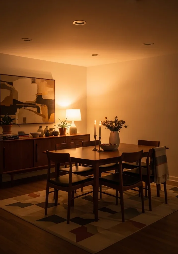 Mid century dining room with warm ambient lighting for cozy atmosphere