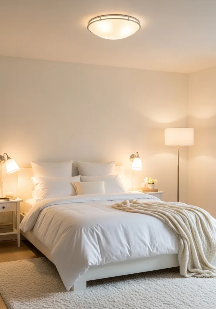 Layered warm lighting in white bedroom.