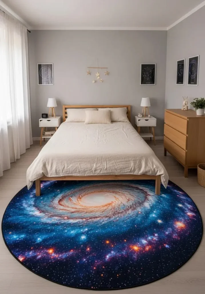 Bedroom with space themed rug featuring planets and galaxy patterns.