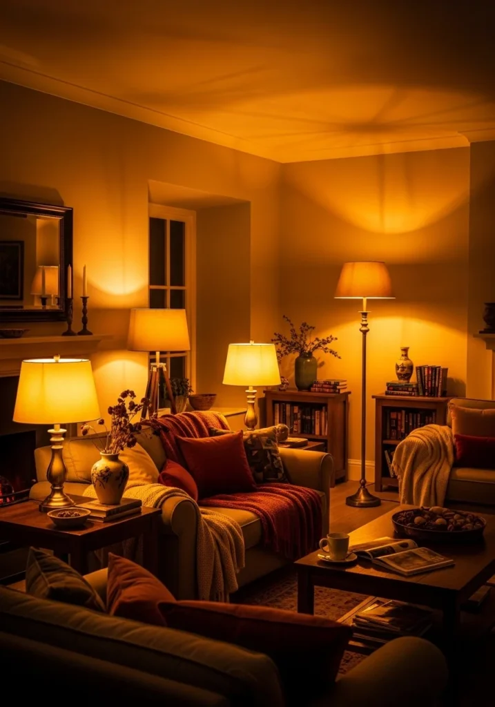 Vintage living room with warm lighting creating a cozy mood.