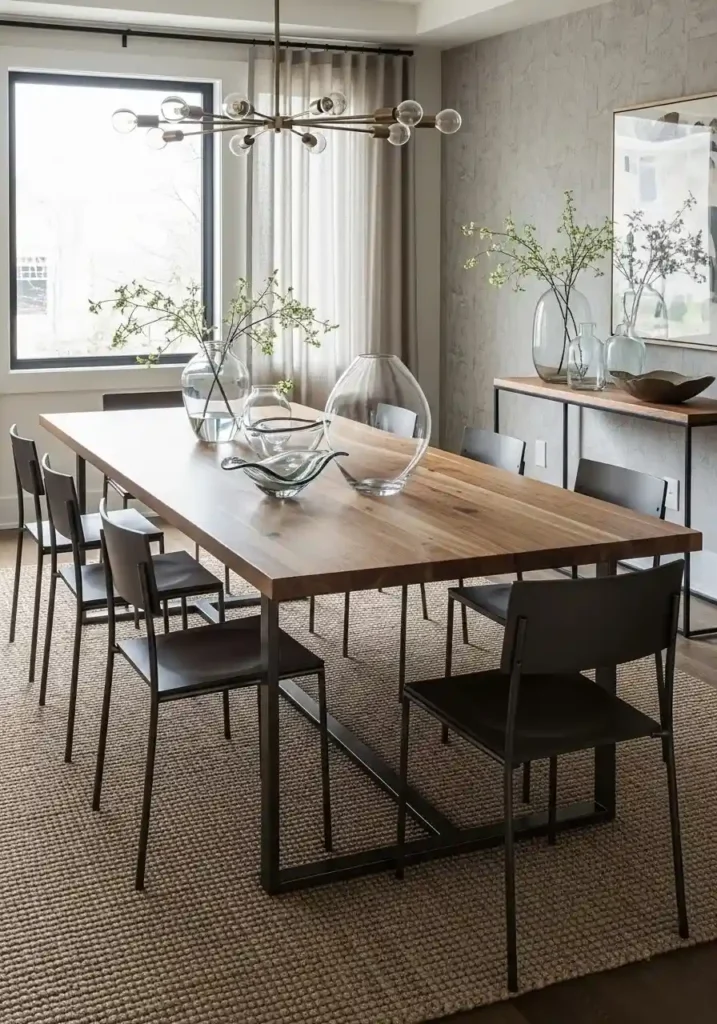 Modern dining room with mixed materials like wood, metal, and glass
