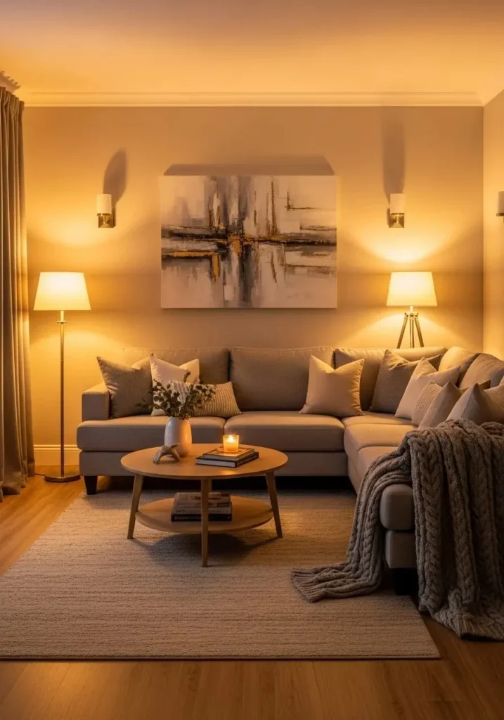 Warm lighting creating cozy atmosphere in gray and beige living room