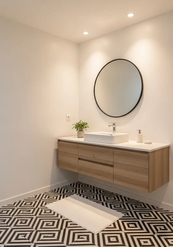 black and white patterned tile floor