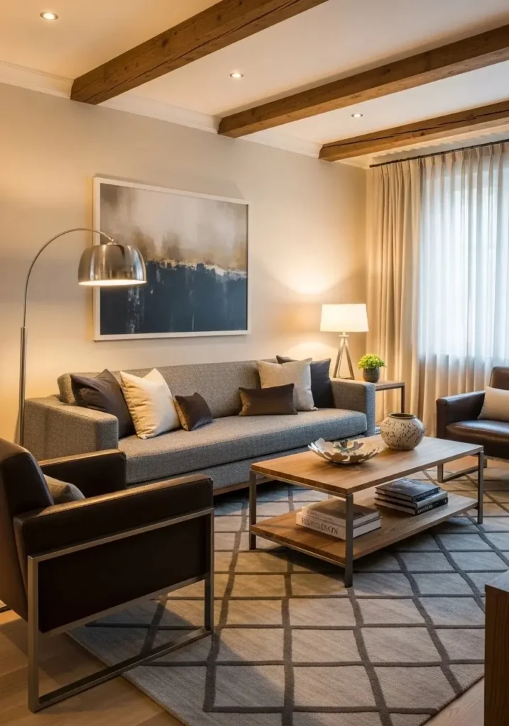 Mixed textures of wood, metal, leather, and fabric create depth in a gray and brown living room.