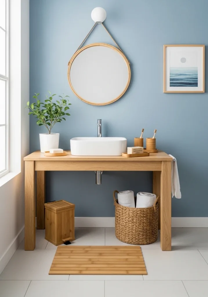 Light wood and bamboo accessories enhancing coastal bathroom style