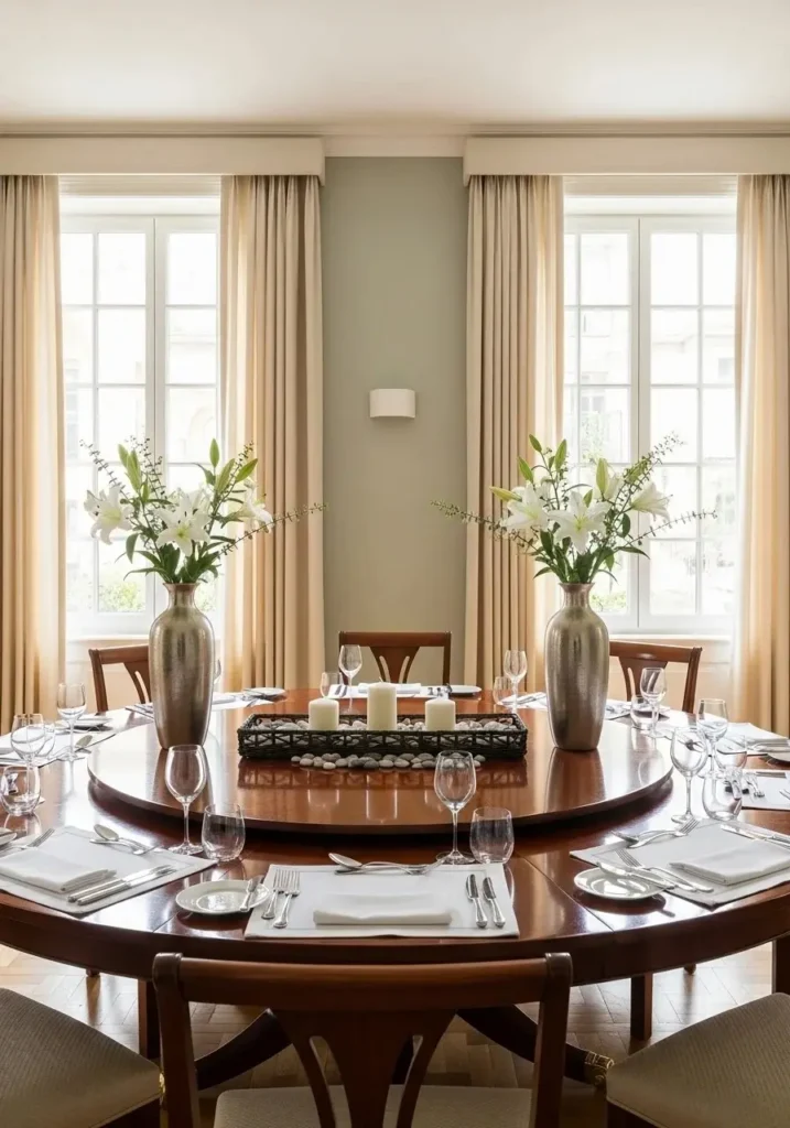 round dining table with symmetrical decor styling