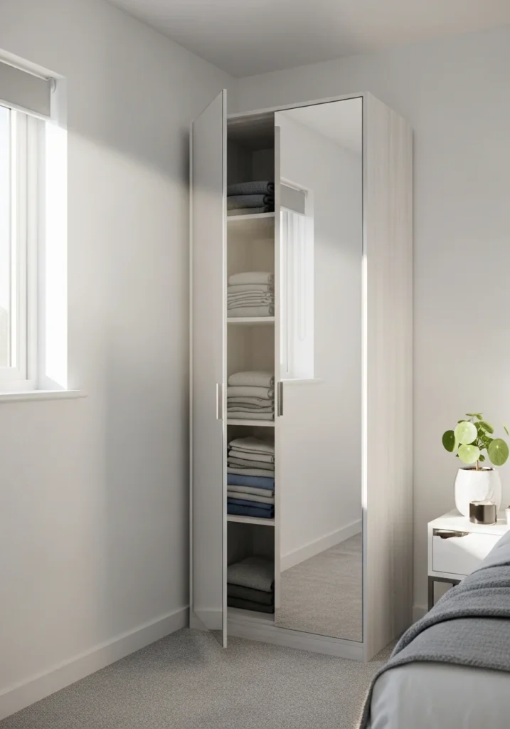 Slim storage cabinet maximizing tight spaces for clothes in a small room
