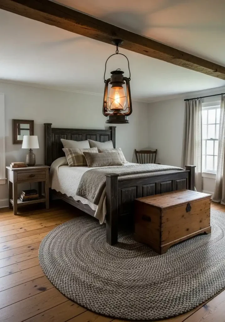 rustic bedroom with lantern lighting