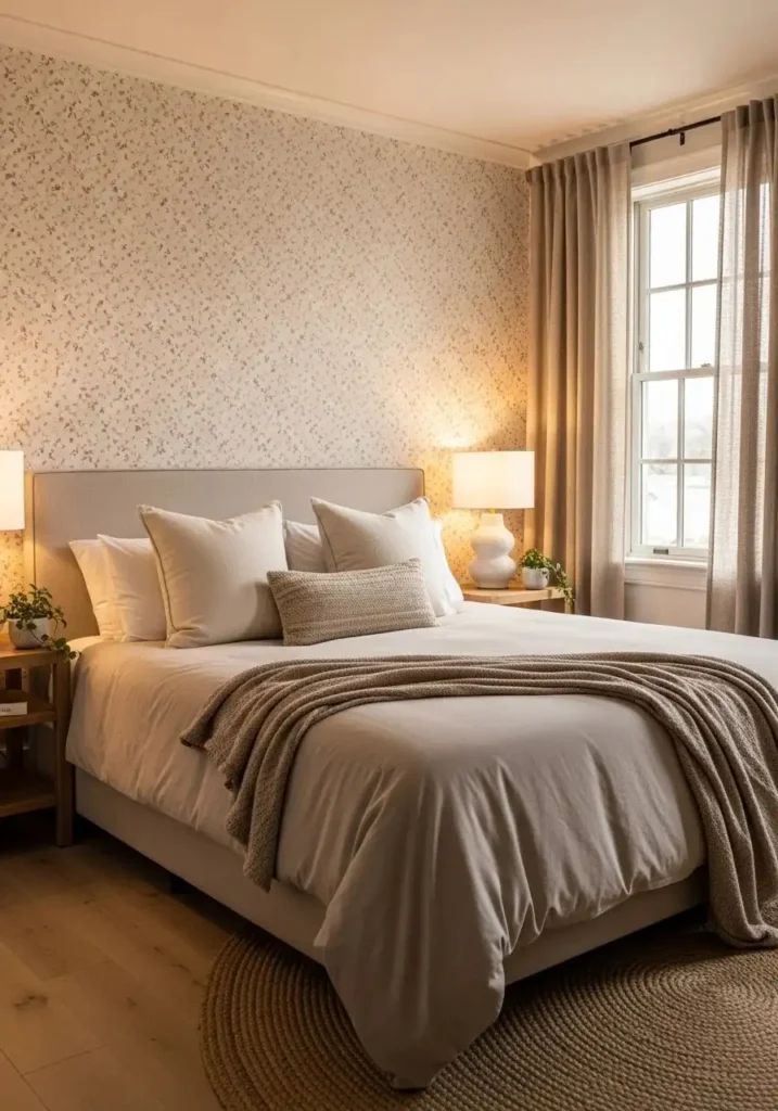 Bedroom with subtle tiny floral pattern wallpaper accent wall