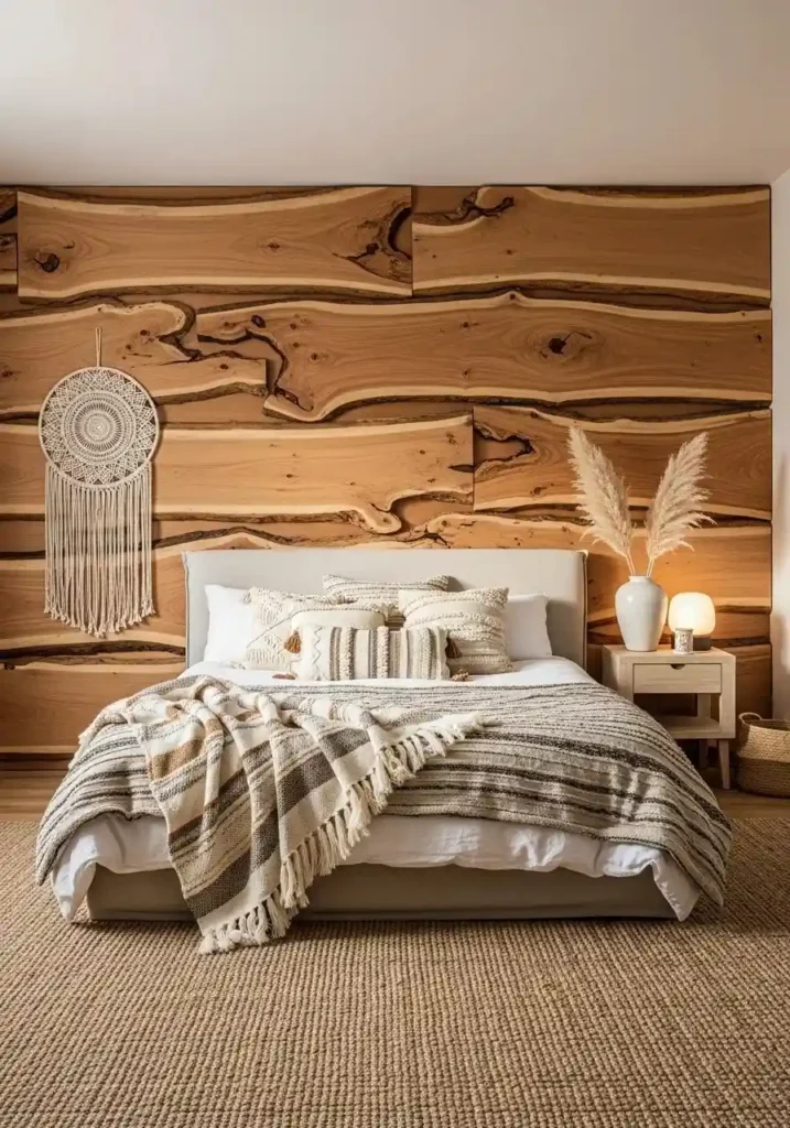 Bedroom with live edge wood accent wall featuring natural, uneven edges.