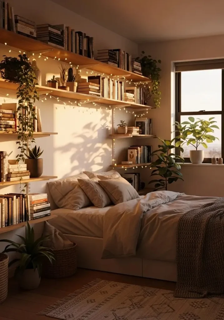 Bedroom shelves highlighted with fairy lights and decorative items