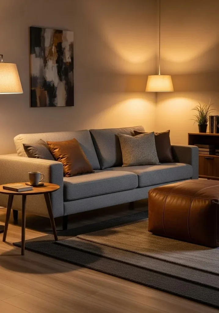 Gray sofa paired with brown accents creates a layered and inviting living room space.