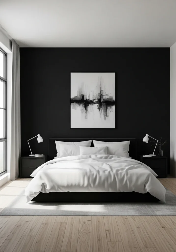 Black accent wall paired with white bedding for a clean modern look