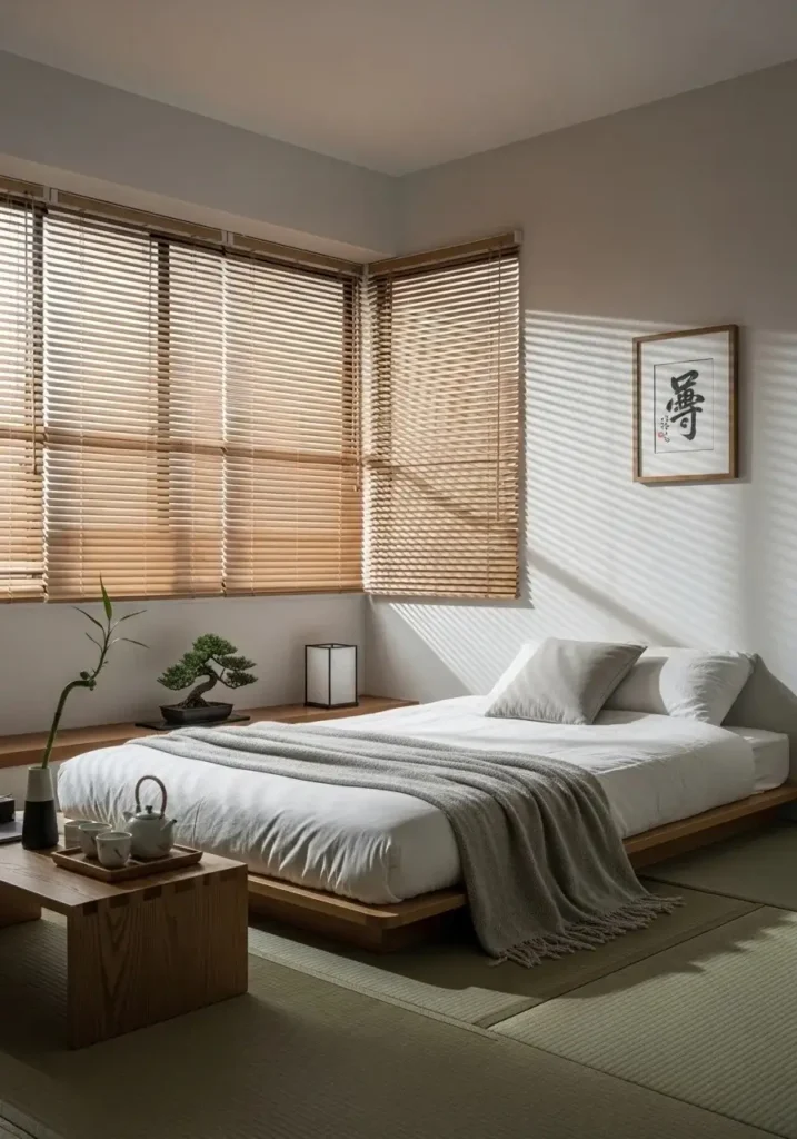 Bamboo blinds in a minimalist Japanese bedroom