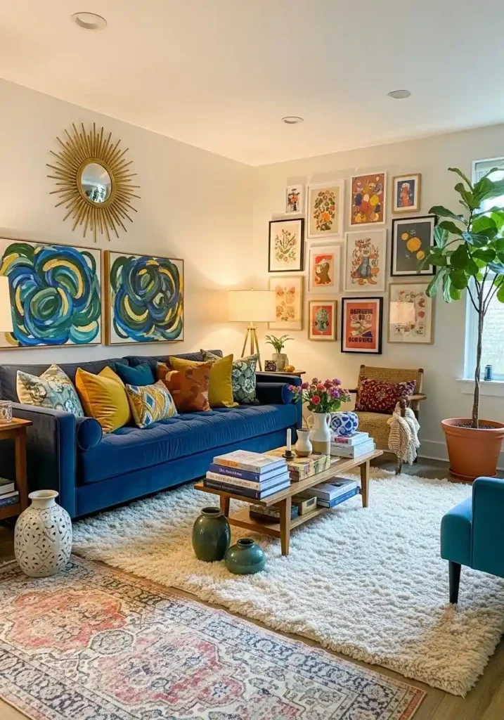 Bold 70s art decorating retro living room walls.