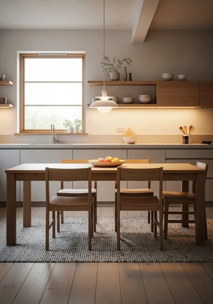 Japandi kitchen with natural dining corner and warm feel