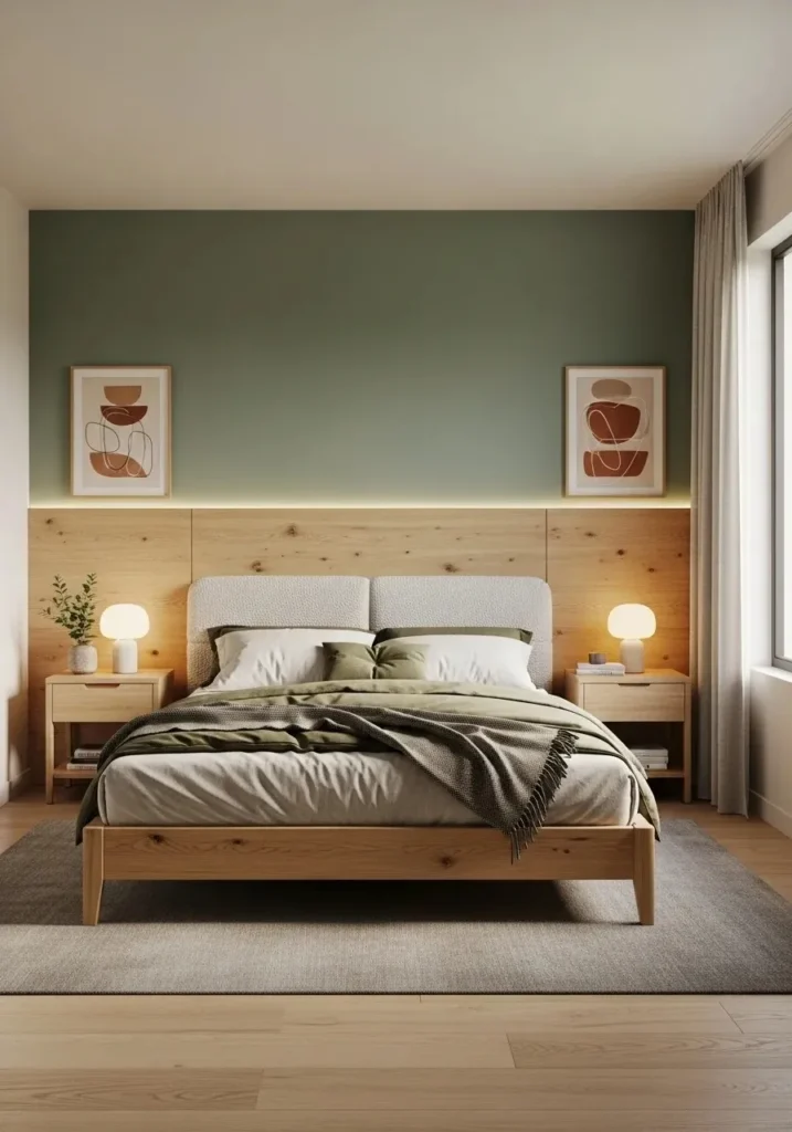 Green and wooden panel accent wall in bedroom adding warmth and balanced texture to the space.