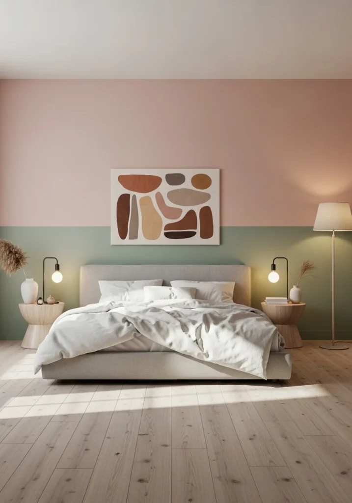 pink and green two tone wall bedroom design
