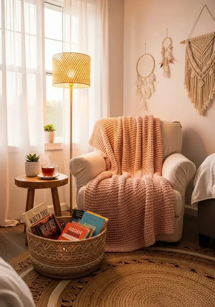 Dusty pink boho pouf used as cozy bedroom decor