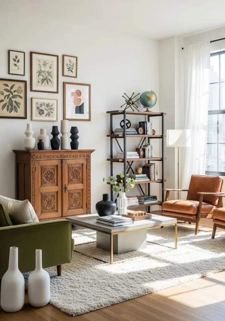 Vintage living room mixing old and modern decor for a balanced look.