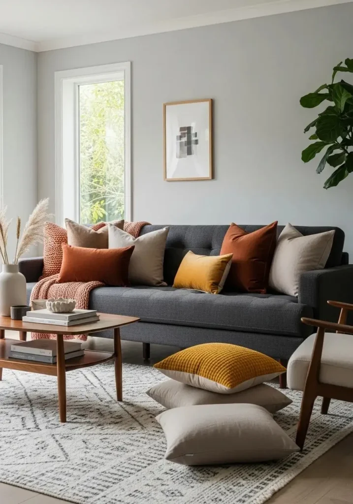 Charcoal couch styled with warm tone throw pillows in a cozy living room.