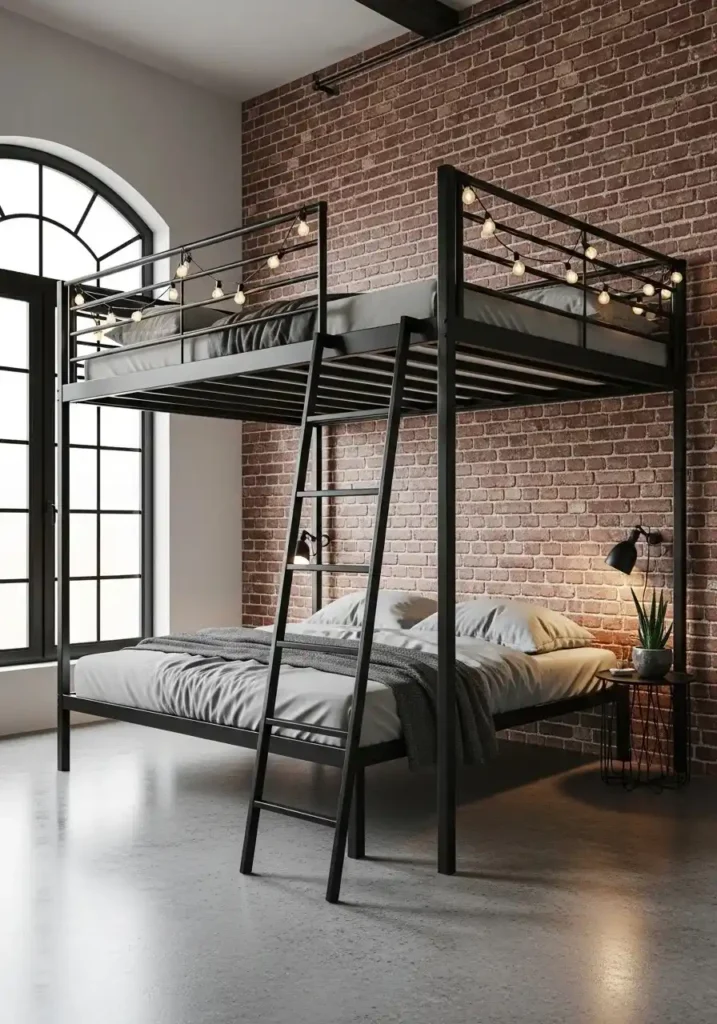 Industrial metal loft bed with black frame and exposed brick wall, combining style and functionality.