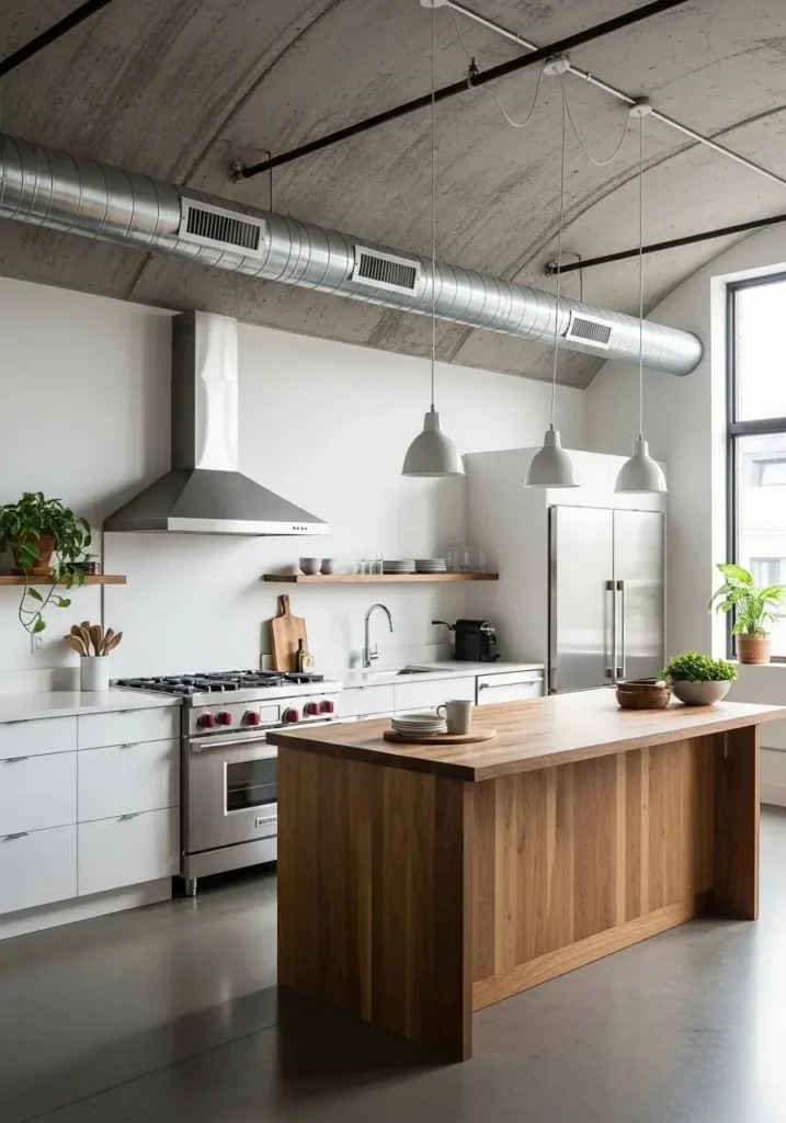 Exposed concrete kitchen ceiling creating industrial chic aesthetic
