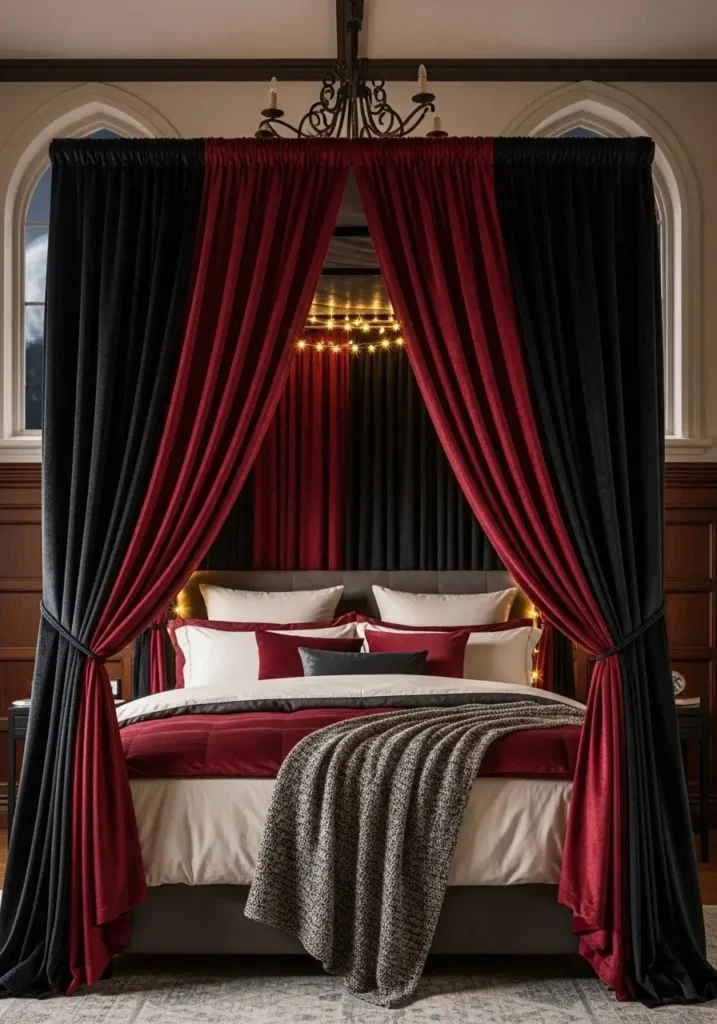 Velvet-draped canopy bed in dark colors with fairy lights for a whimsigoth bedroom.