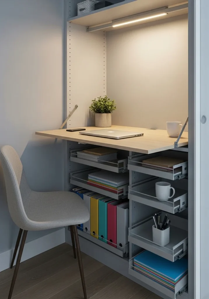 Fold-down desk in a small closet for extra function
