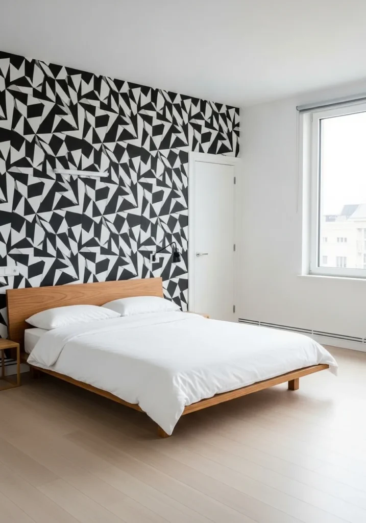 Modern bedroom with black and white geometric accent wall