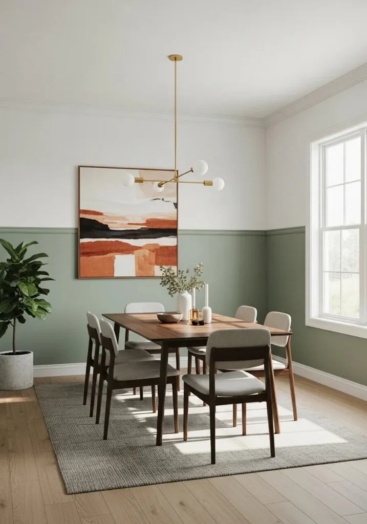 dining room with two tone green and white walls