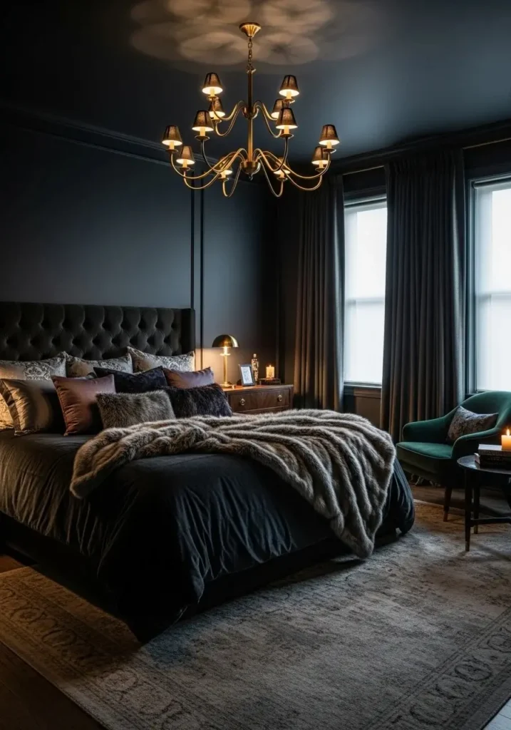 Statement chandelier in dark feminine bedroom