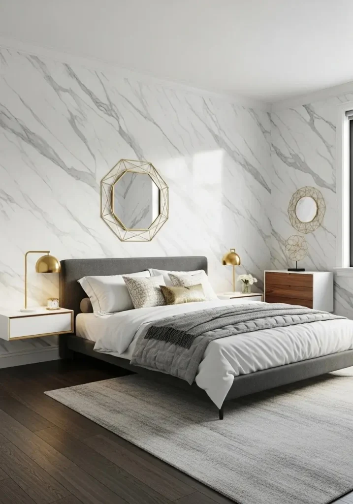 Bedroom with white marble wallpaper accent wall and gold decor