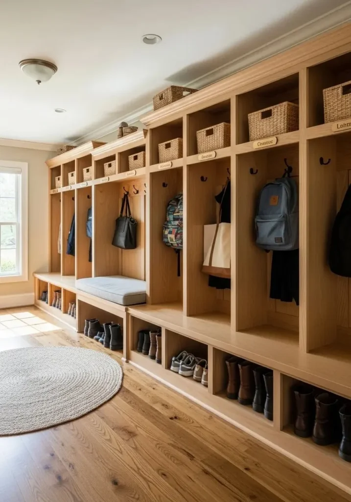 Built-in cubbies organizing shoes and bags in a mud room laundry room combo.
