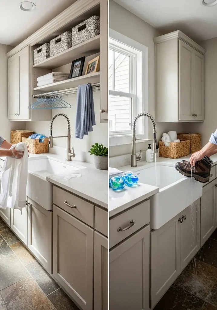 Multi-purpose utility sink in a mud room laundry room combo for washing clothes and shoes.