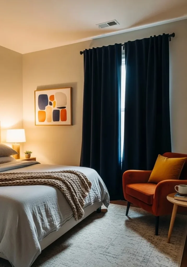 Deep navy curtains adding bold color to a neutral bedroom.