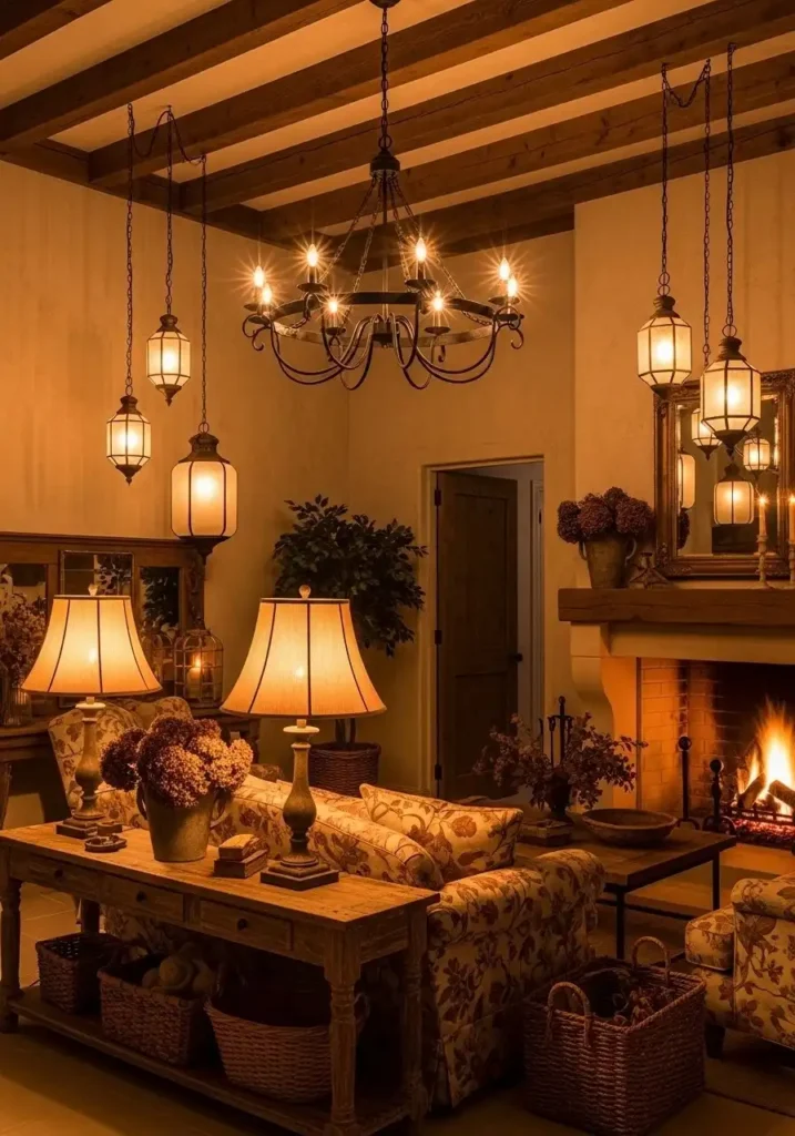 Cottagecore living room with rustic chandelier and warm lighting