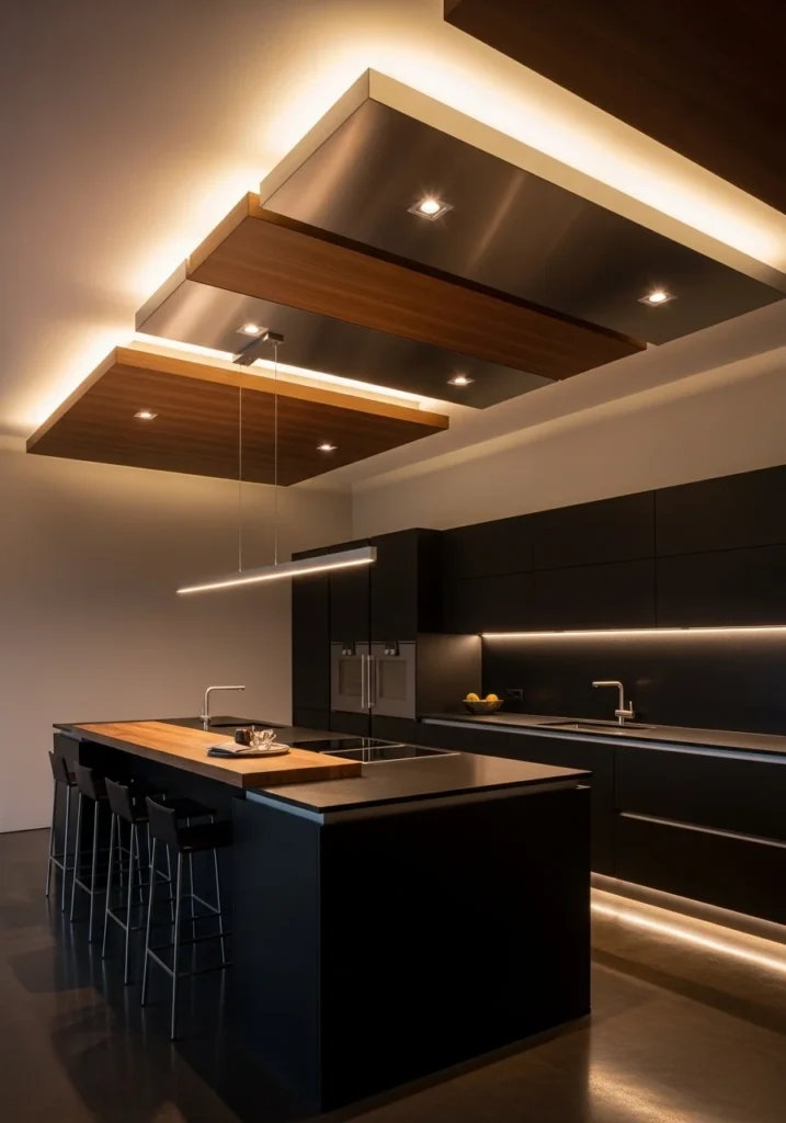 Suspended panel kitchen ceiling with recessed lighting for dimension.